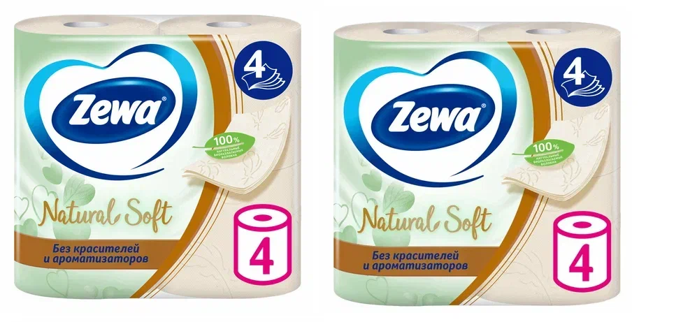 Туалетная бумага Zewa Soft Natural 4-слойная, 4 рулона, 2 шт