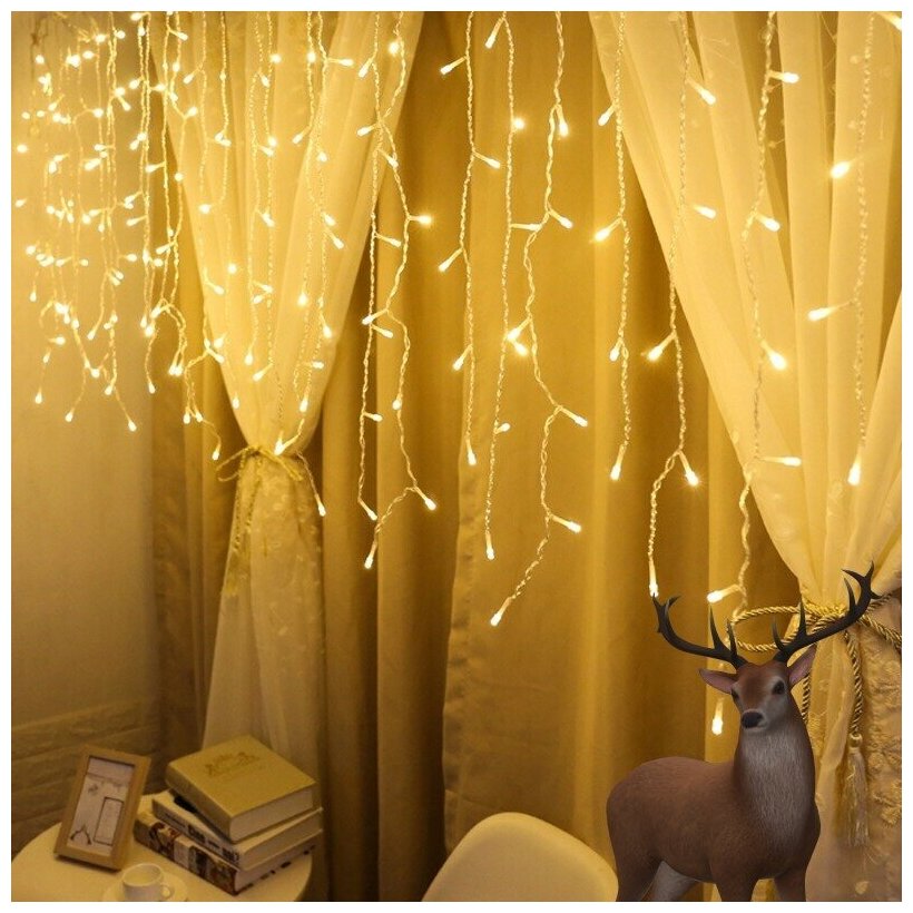 Гирлянда электрическая интерьерная 15х15метра Новый Год 2023/160 LED/Светодиодная штора- занавес/Световой дождь/Тюль /Теплый желтый/Серия: Лапландия