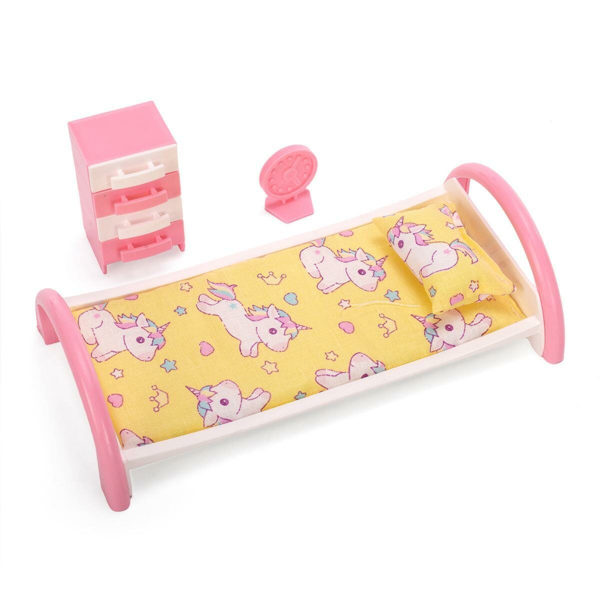 Кровать для кукол с тумбочкой, розовая, 21х9.5х5 см, комплект постельного белья