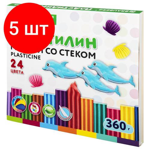 Комплект 5 шт, Пластилин мягкий восковой BRAUBERG KIDS, 24 цвета, 360 г, со стеком, 106498