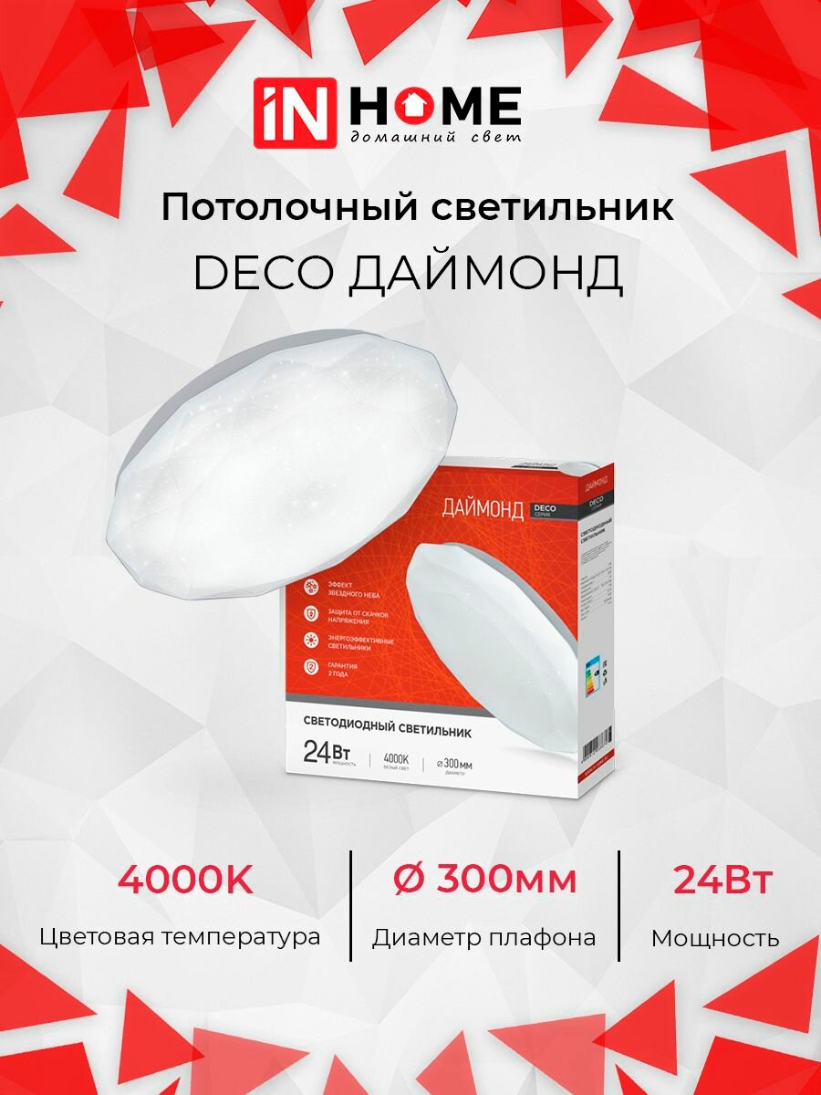 Светильник светодиодный DECO даймонд 24Вт 230В 4000К 2160лм 330х55мм IN HOME 4690612033679