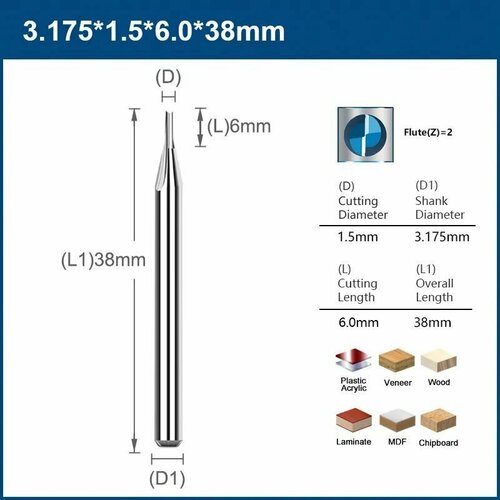 Фреза прямая двухзаходная XCAN 3,175х1,5х6х38 мм фреза xcan для печатной платы 0 8 мм 0 9 мм 1 0 мм 1 1 мм 1 2 мм карбидная вольфрамовая сталь концевая фреза гравировальное долото фреза с чпу