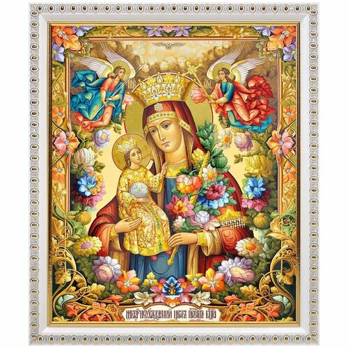 Икона Божией Матери Неувядаемый Цвет, в белой пластиковой рамке 20*23,5 см икона божией матери целительница и святые врачеватели в белой пластиковой рамке 17 5 20 5 см