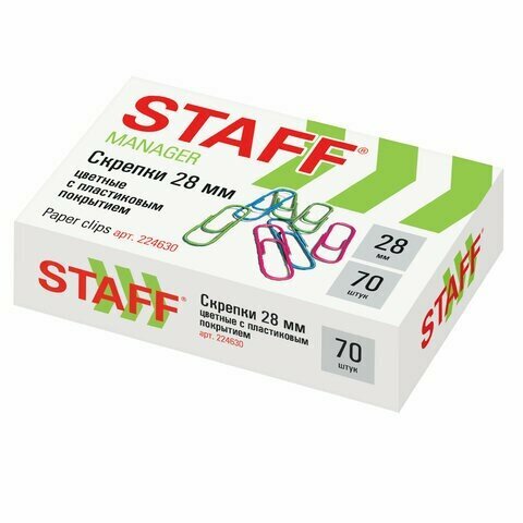 Скрепки STAFF "Manager", 28 мм, цветные, 70 шт, в картонной коробке, Россия, 224630