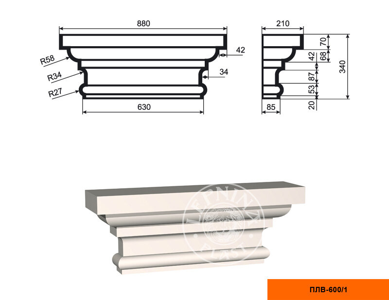 Капитель Пилястры Lepninaplast ПЛВ-600/1 В340хШ210хД880 мм / Лепнинапласт.