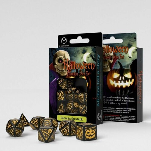 фото Набор кубиков для настольных ролевых игр (dungeons and dragons, dnd, d&d, pathfinder) - halloween pumpkin - jack olantern dice set q workshop