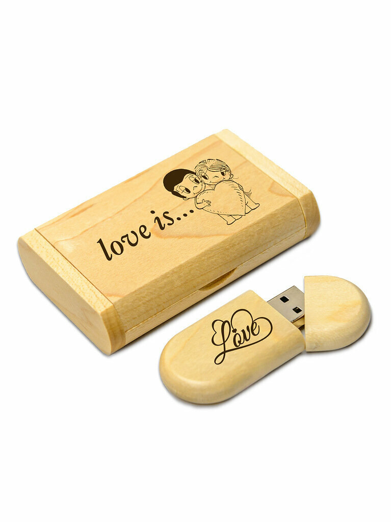 Флешка 32 Гб деревянная с гравировкой "Love is.". Флэш накопитель USB 3.0 flash карта Сувенир Подарок. LAS-PRINT.