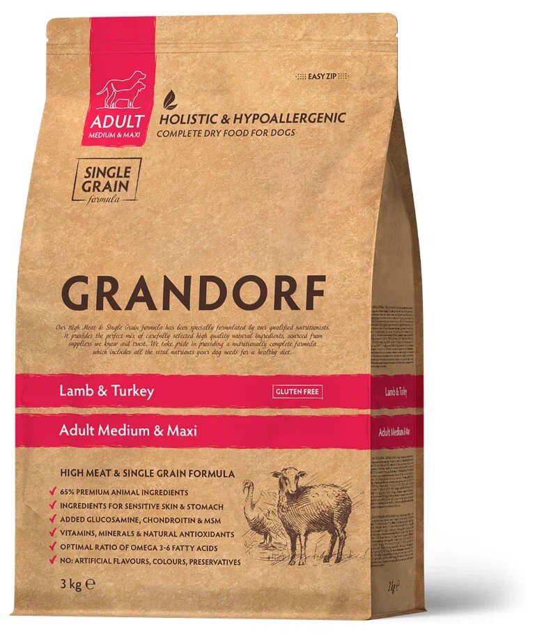 Сухой корм для собак Grandorf беззерновой ягненок с индейкой 3кг (для средних и крупных пород)