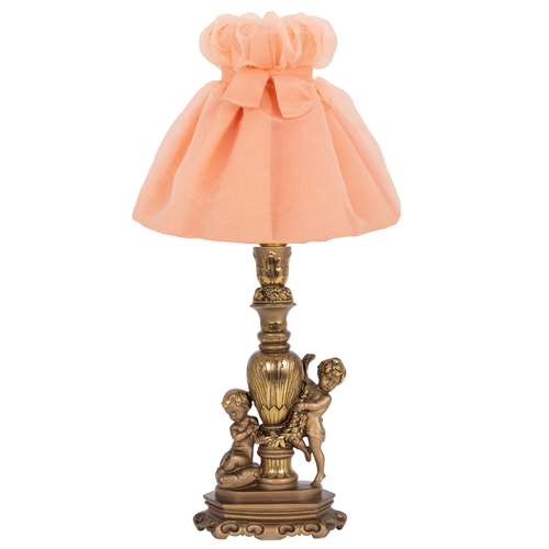 Настольная лампа Bogacho Путти бронзовая с розовым абажуром Мадлен ручная работа