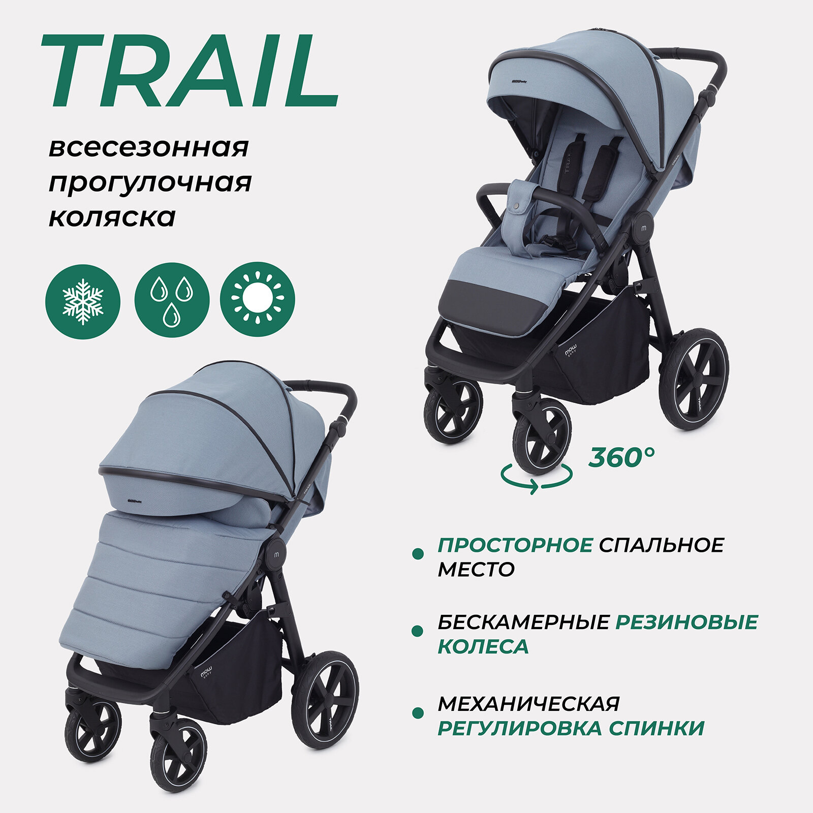 Коляска детская прогулочная всесезонная MOWBaby TRAIL MB090 Blue