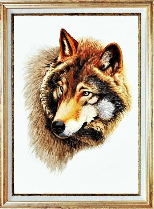 Картина вышитая шелком Голова волка ручной работы/см 46х56х3/в багете