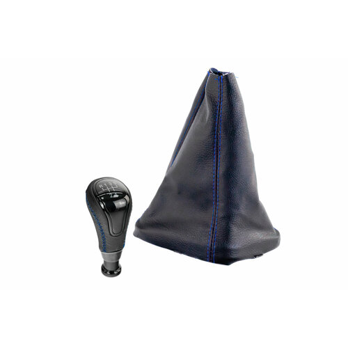 Ручка КПП Sal-Man в стиле Весты с черной вставкой и пыльником с синей прострочкой для ВАЗ 2110-2112 с кулисой