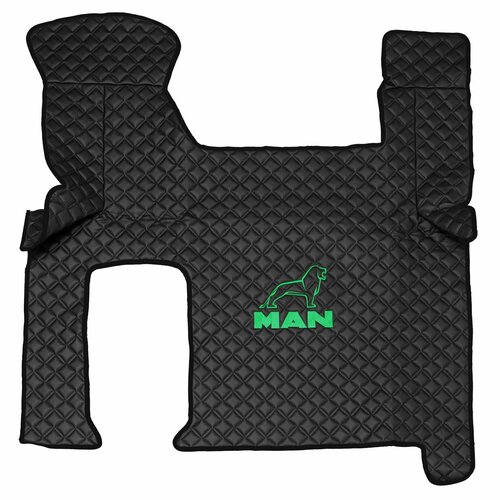 Ковры стеганые для грузовых автомобилей MAN TGX с 2-мя ящиками (механика), черный цвет с зеленой вышивкой и черным кантом. Экокожа - 3шт в комплекте (пассажир+водитель+шахта)