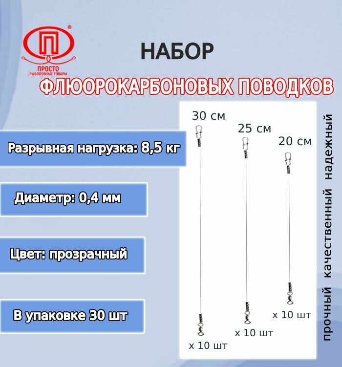 Набор поводков для рыбалки ПК "Просто-Рыболовные товары" флюорокарбон 85кг 040мм 20-25-30см (1упк. по 30шт.)