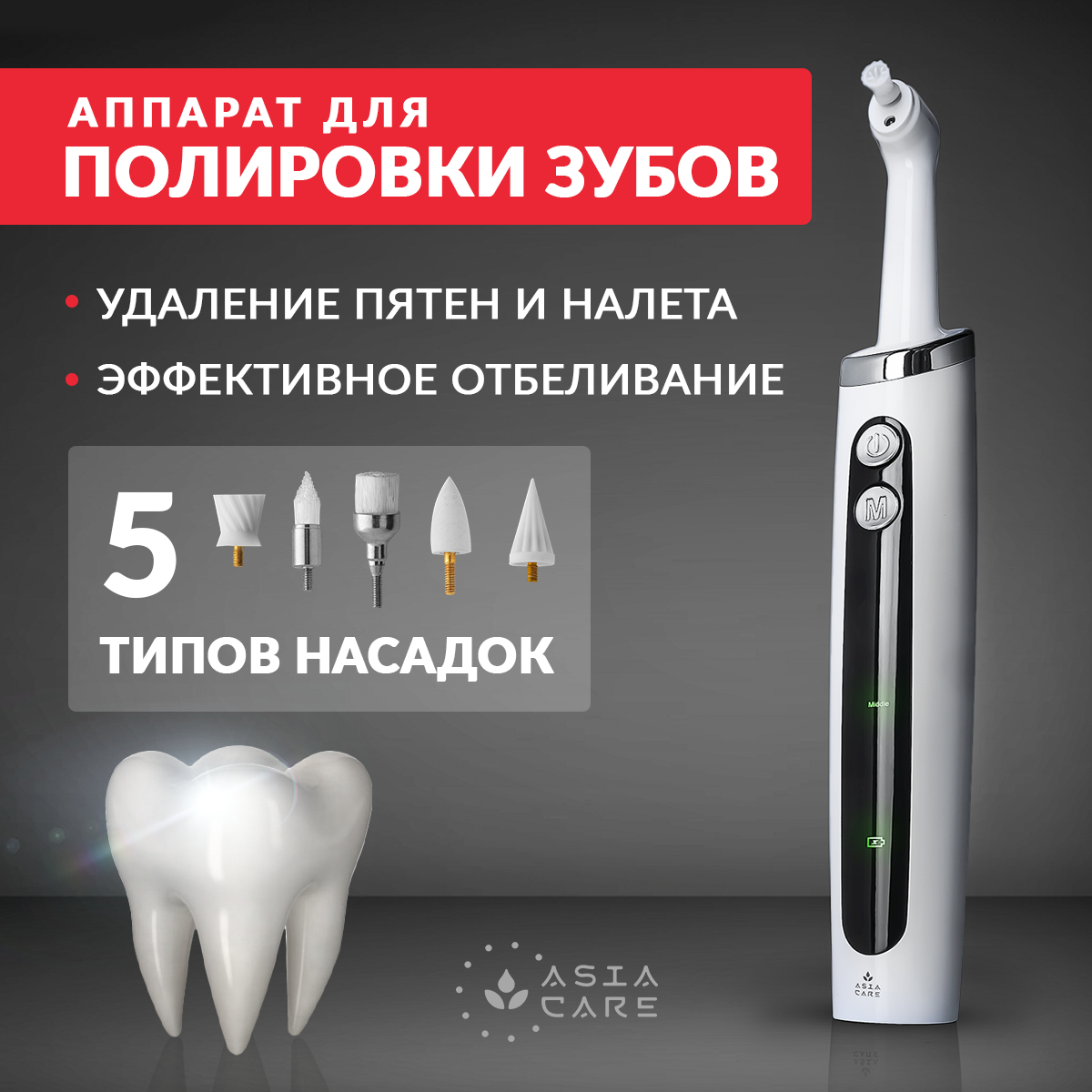 Электрическая зубная щетка AsiaCare S100 5 режимов работы 2 насадки с таймером 4*30 сек влагозащита IPX7 30 дней на 1й зарядке. Белая