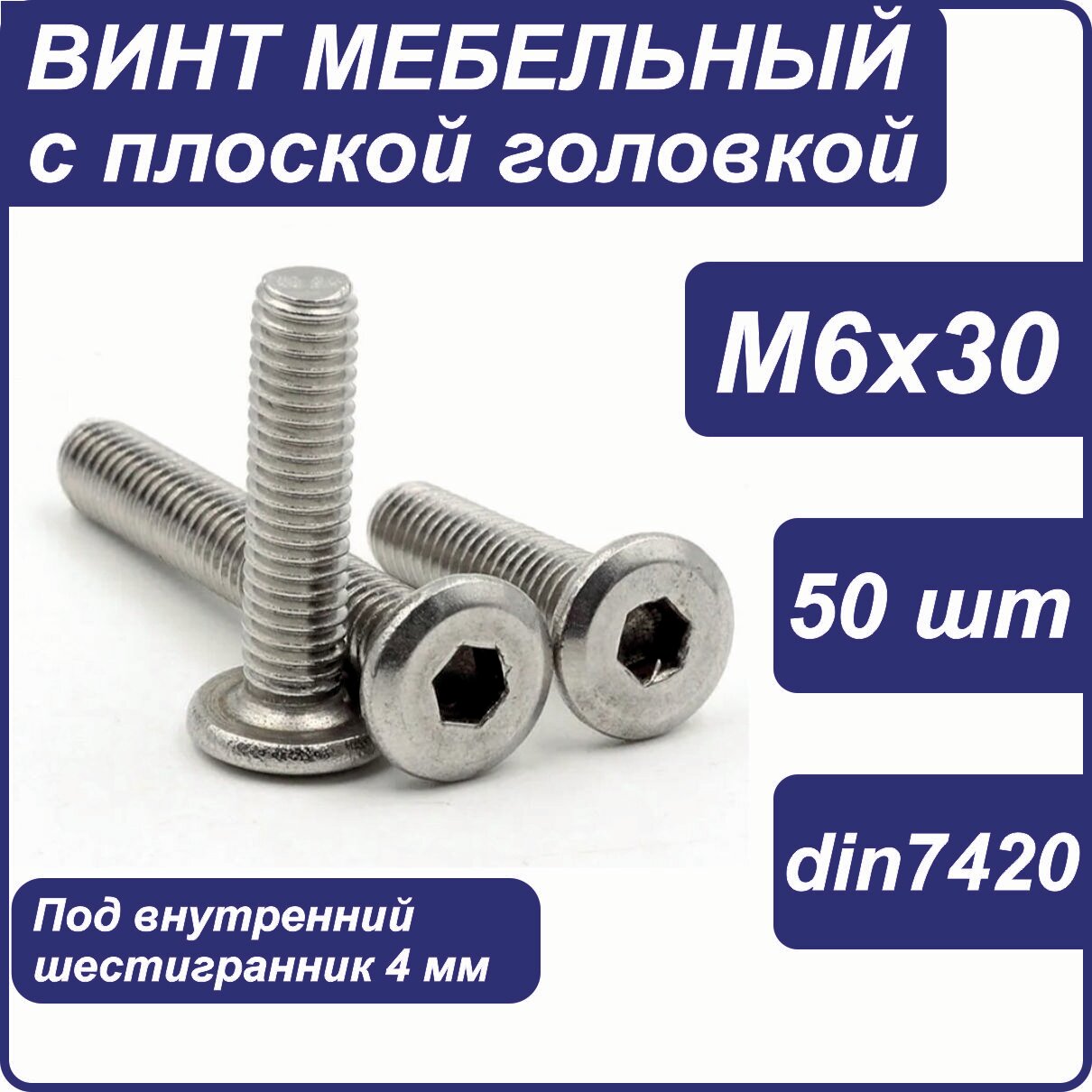 фото Винт М6х30 с плоской головкой внутренним шестигранником. DIN7420
