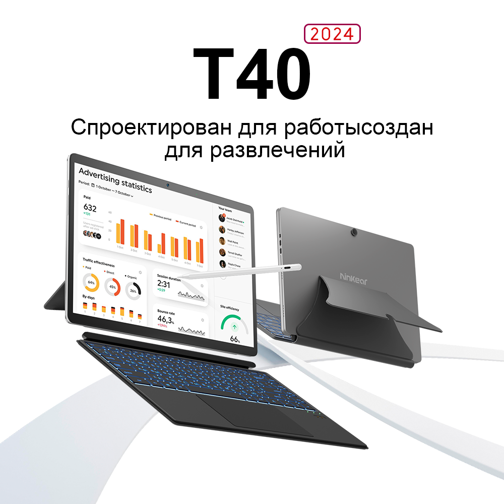 Ноутбук Ninkear T40 «2-в-1», 14" сенсорный экран Full HD IPS, Intel N100, 16 ГБ DDR5 + 512 ГБ SSD, Wi-Fi 6, Windows 11