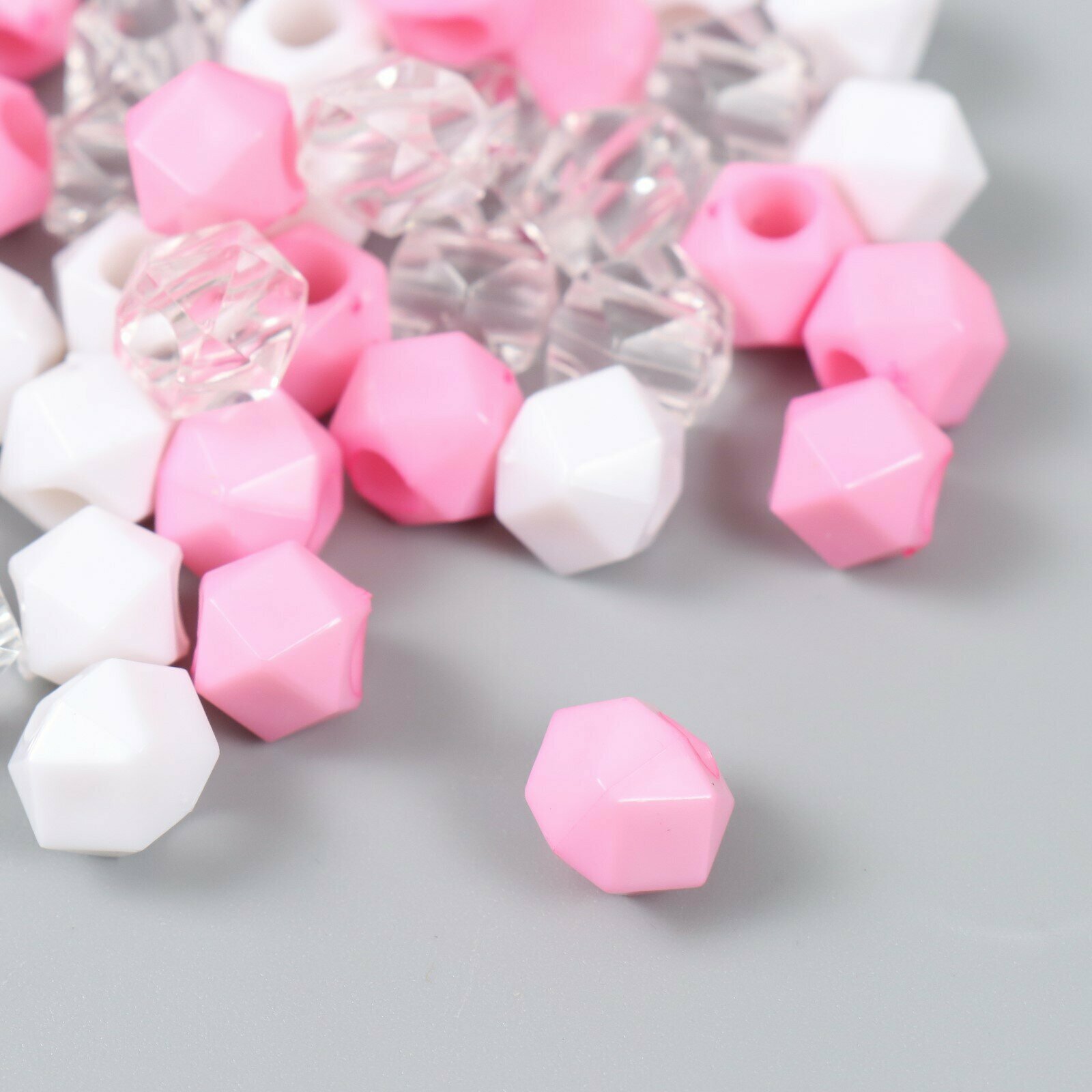 Бусины пластик "Кристалл многогранник. Розовый, белый, прозрачный" набор 30 гр 1х1х1 см 9468742