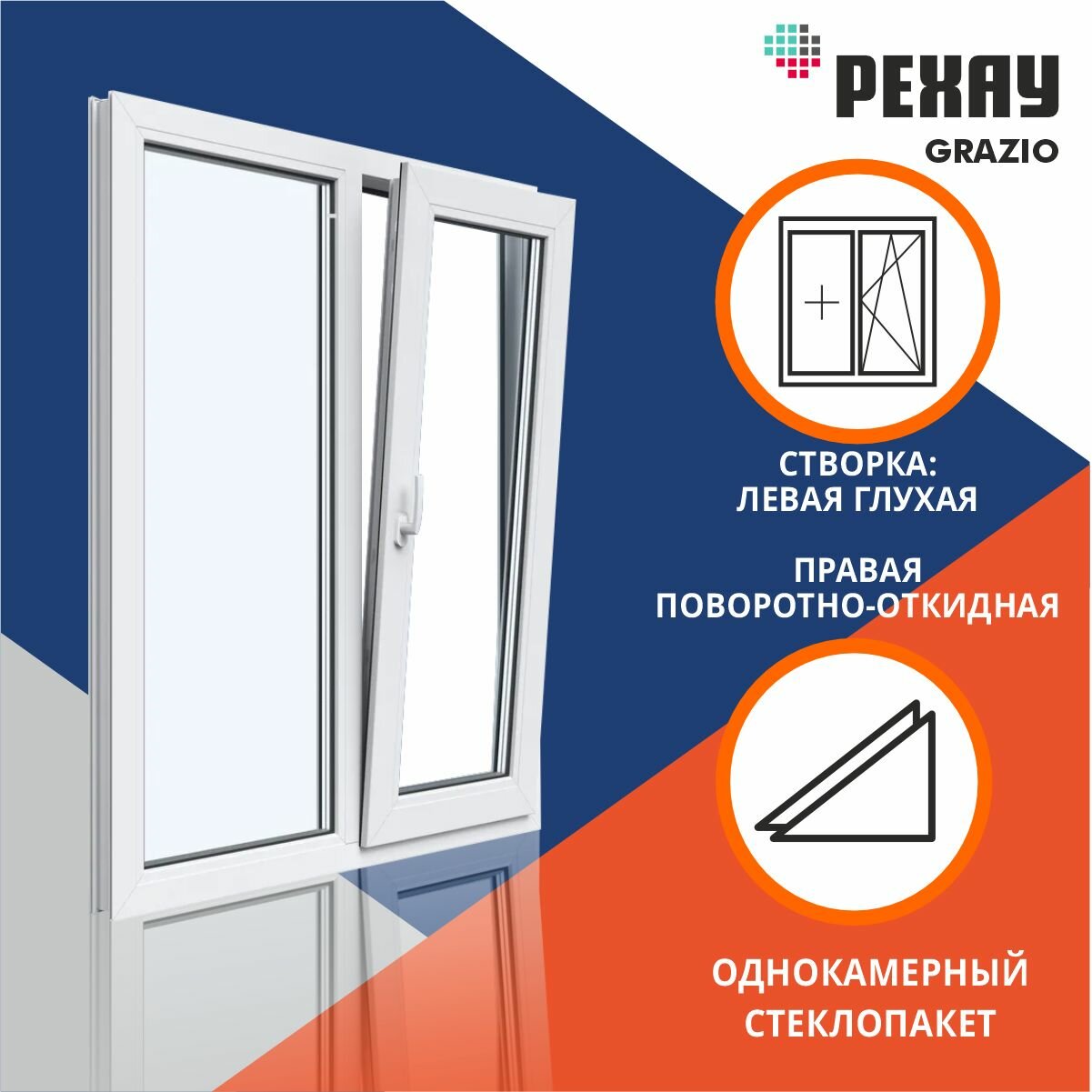 фото Окно однокамерное 1000x1200 мм двухстворчатое: левая глухая, правая поворотно откидная GRAZIO