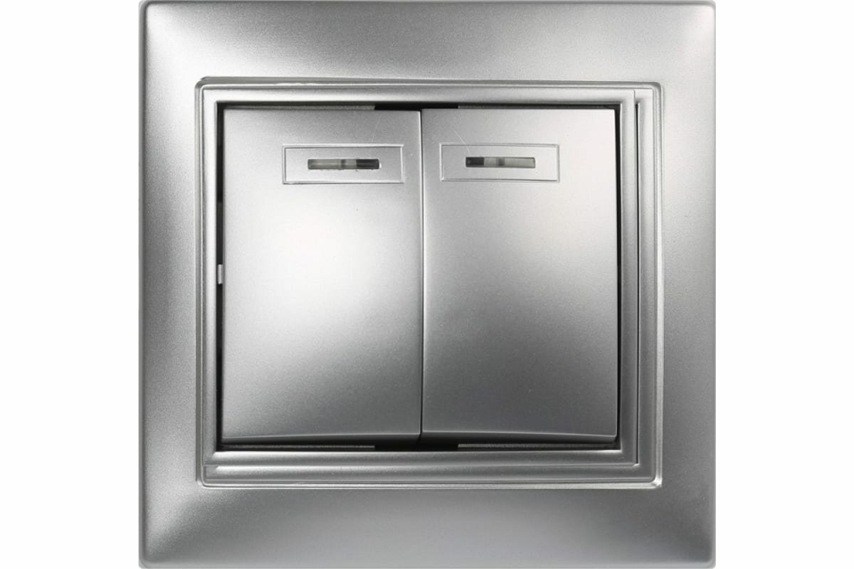 фото Выключатель "Венера" SmartBuy SBE-01s-10-SW2-1-c ,2-клавишный с индикатором 10А, серебро, керамика