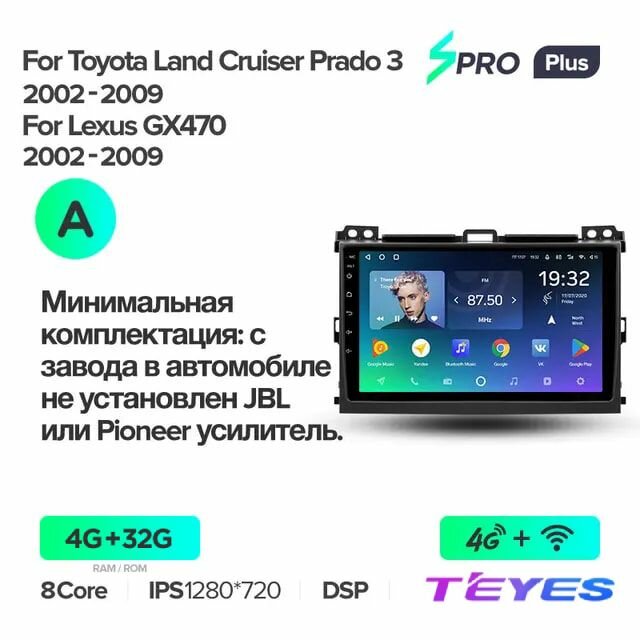 Магнитола Toyota Land Cruiser Prado 120 3 III For Lexus GX470 GX 470 J120 2002-2009 (Комплектация F1) (Комплектация A) Teyes SPRO+ 4/32GB, штатная магнитола, 8-ми ядерный процессор, IPS экран, DSP, 4G, Wi-Fi, 2 DIN