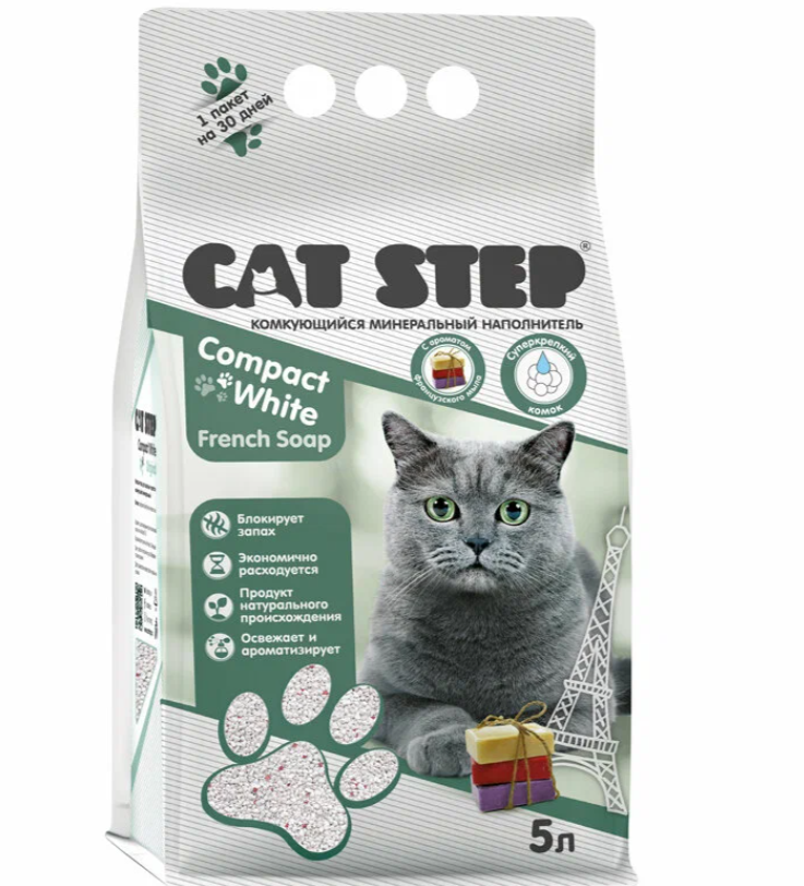 Наполнитель для кошек Cat Step Compact White French Soap, комкующийся, минеральный 5 л