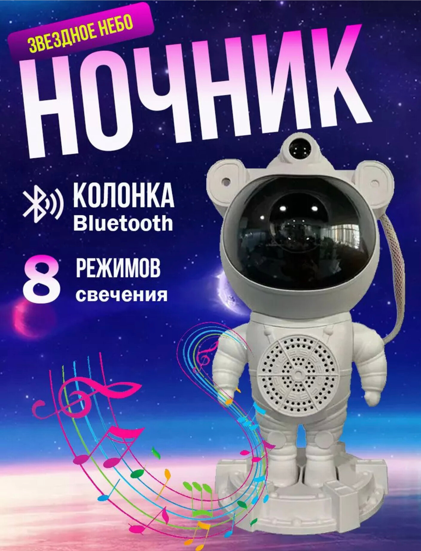 Проектор звездного неба Космонавт с колонкой/Детский ночник/Домашний планетарий