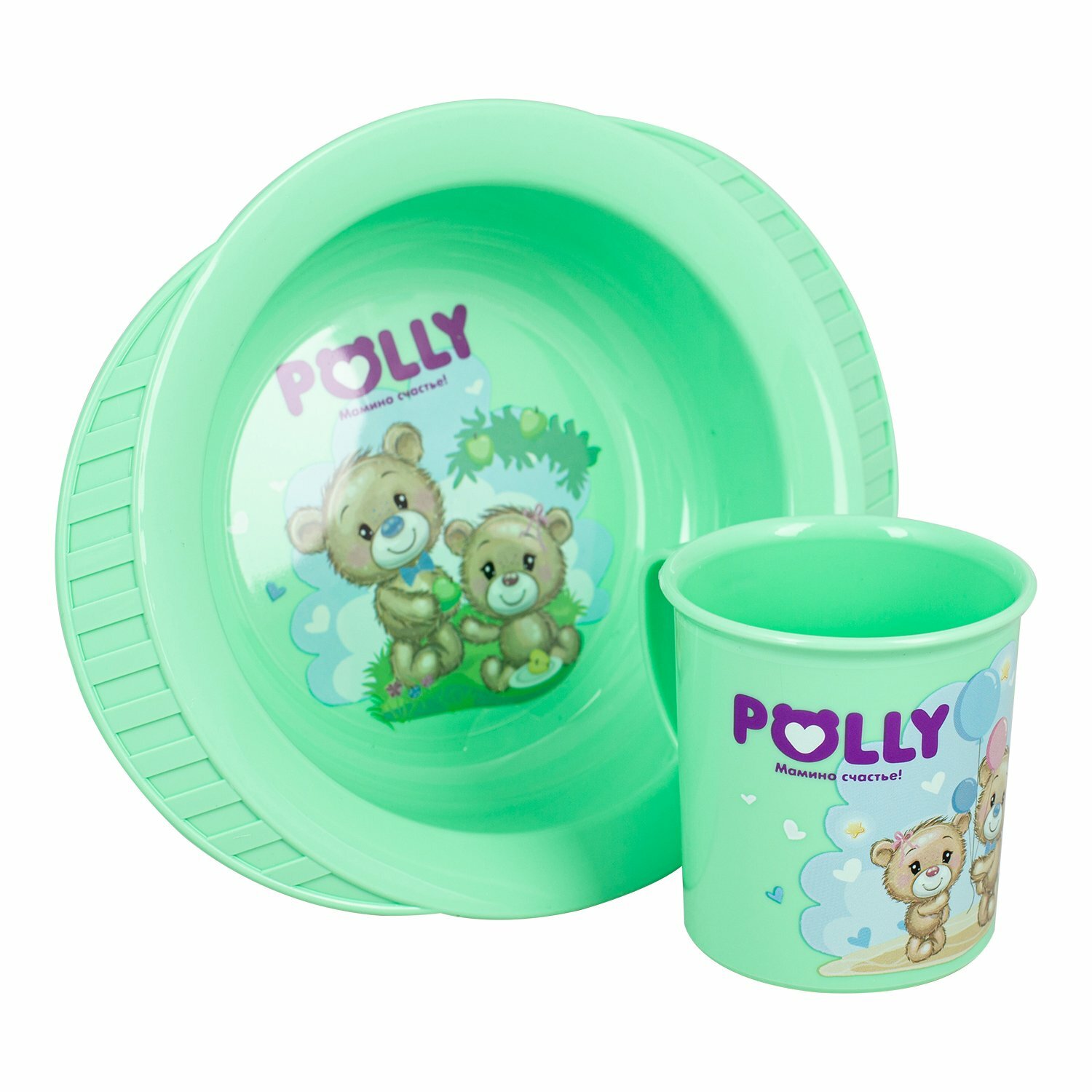 фото Полимербыт Набор посуды POLLY: кружка 0,2 л, тарелка на присоске, цвет микс