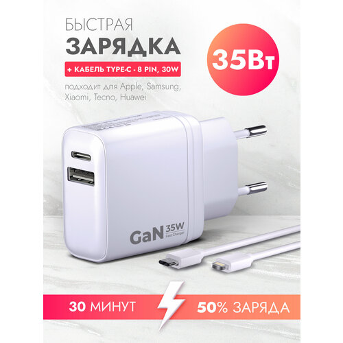 Сетевое зарядное устройство Power Delivery QC 35W с кабелем Type C - 8 pin 30W PD 1 метр быстрая зарядка GAN белая Brozo 1190₽