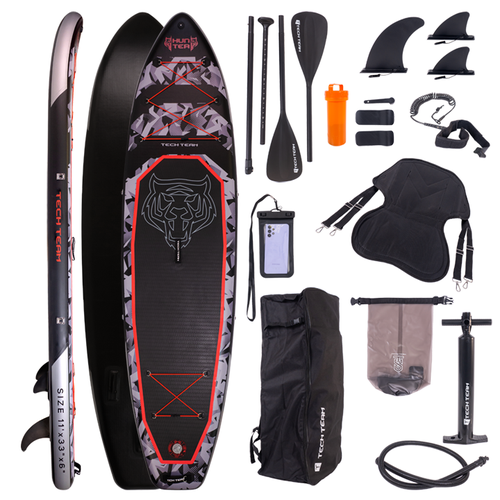 Сапборд TechTeam Hunter 11' (335х83х15) надувной SUP серый (каячное весло, сиденье в комплекте)
