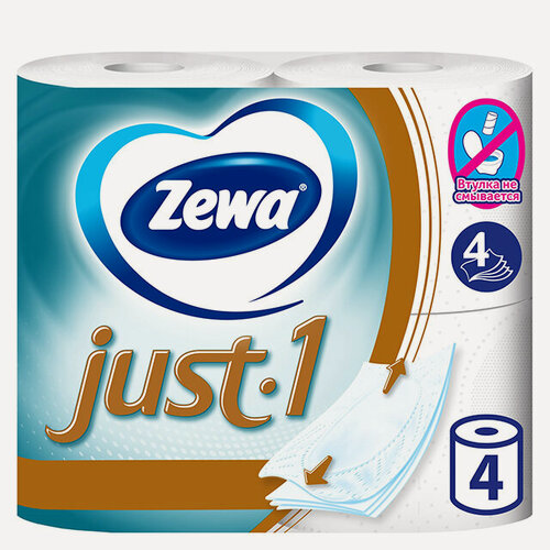 Изображение товара ZEWA Just - туалетная бумага 4 шт/уп, 4 слоя, 90 листов, без аромата, белая, мягкая