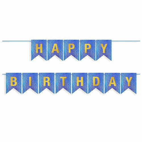 фото Гирлянда флажки, happy birthday, королевский синий/золото, голография, 350 см, 17*12 см, 1 упак. волна веселья
