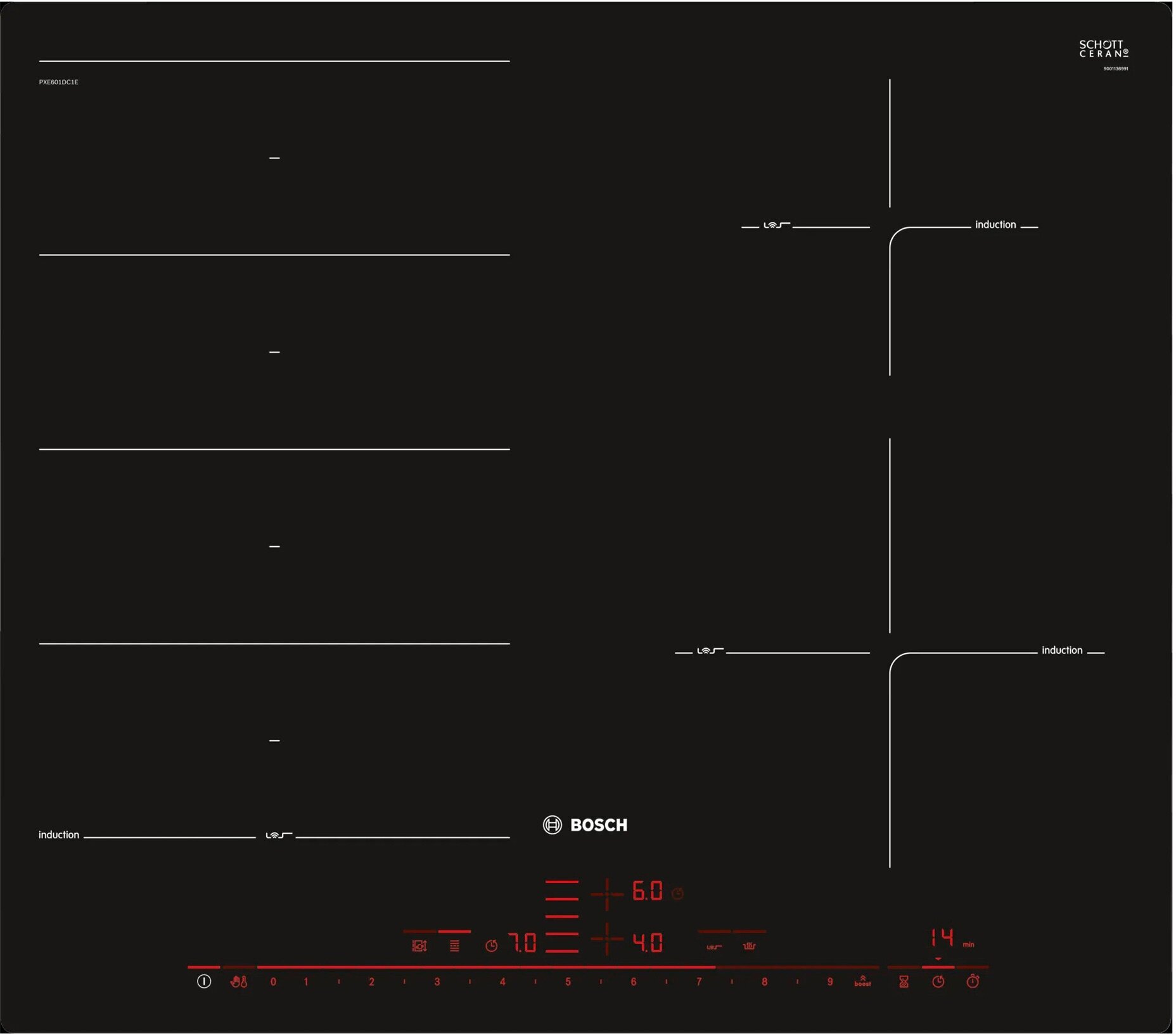Индукционная варочная панель BOSCH PXE601DC1E, стеклокерамика, 4 конфорки, сенсорное управление