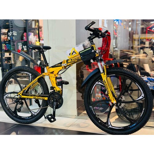 Горный складной велосипед на дисках GROM городской 26 дюймов взрослый мужской и женский для прогулки скоростной спортивный велик для подростков золотой 29190₽