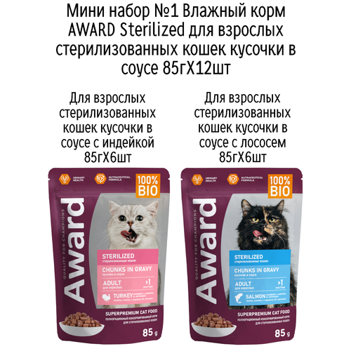 Мини набор №1 Влажный корм AWARD для кошек кусочки в соусе с индейкой и лососем, паучи, 12 шт х 85 гр (2 вкуса по 6 шт)