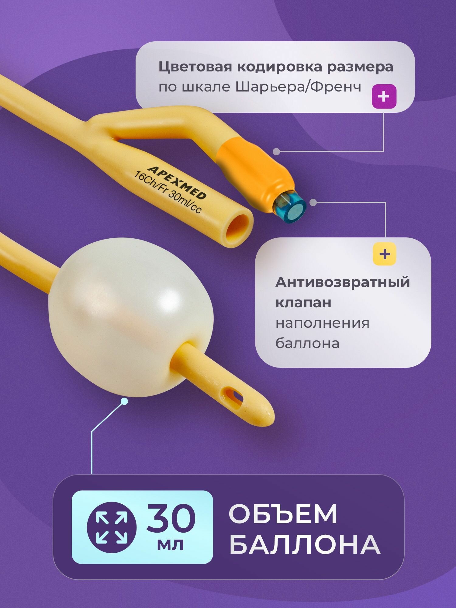 Изображение APEXMED Катетер Фолея урологический универсальный, мужской Ch/Fr 16, двухходовой, 10 шт, уретральный