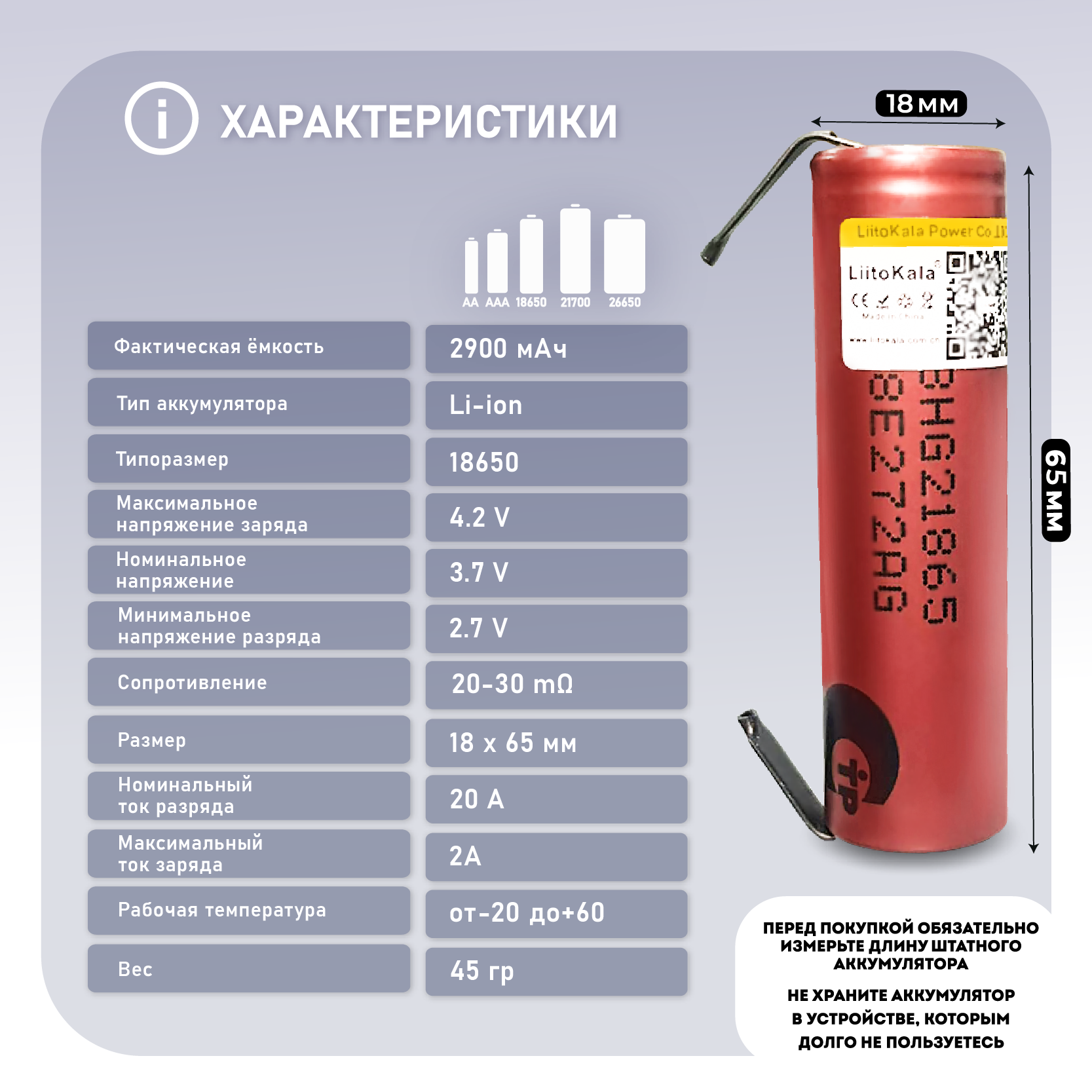 Аккумулятор Li-Ion 2900mAh 3.7 В LiitoKala HG2 18650 высокотоковый незащищенный с выводами, в упаковке: 2 шт. — фото 1