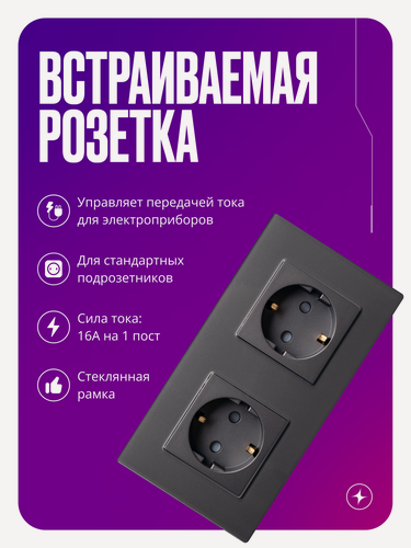 Изображение товара Розетка двойная встраиваемая на 16 А, 2 поста, серая со стеклянной рамкой, заземлением и шторками