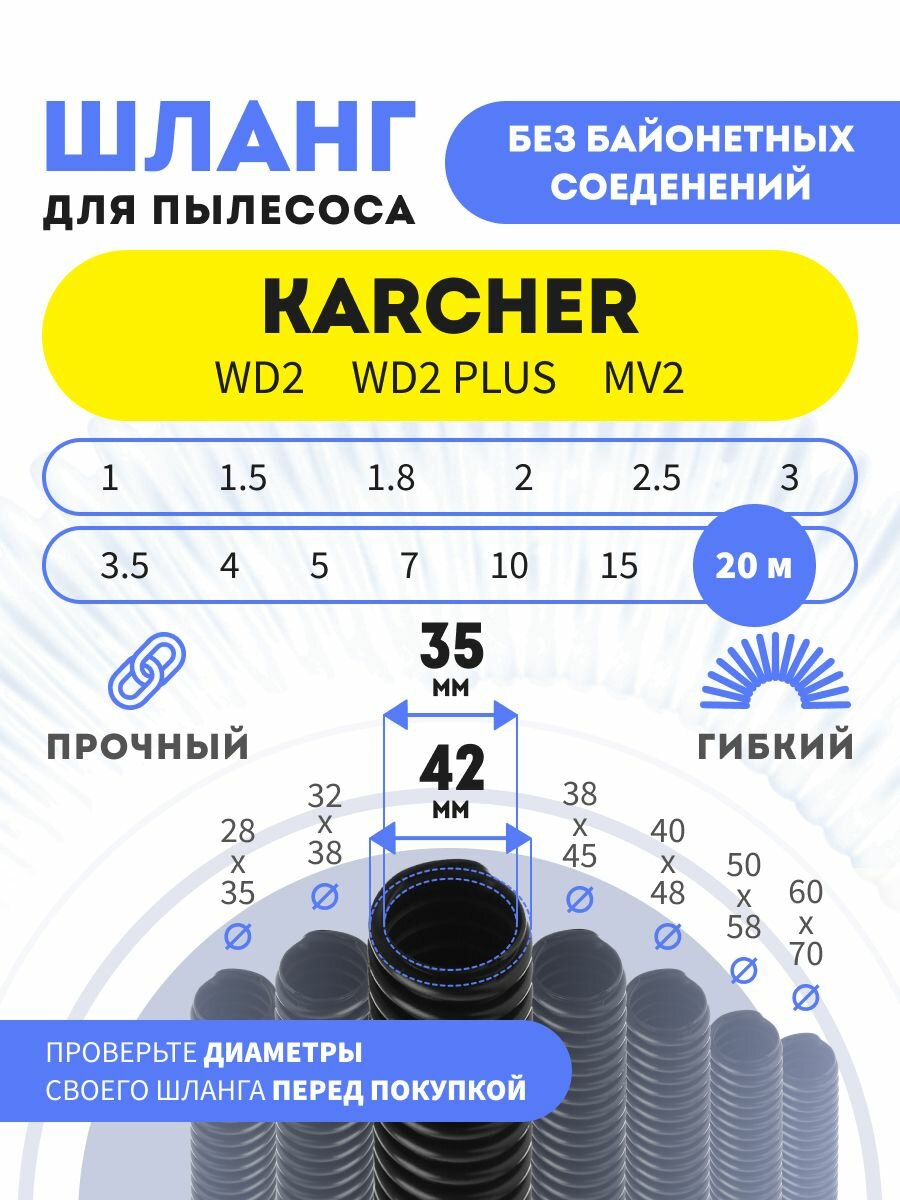 Шланг гибкий для пылесосов Karcher серий WD2/WD2 Plus/MV2 20 м