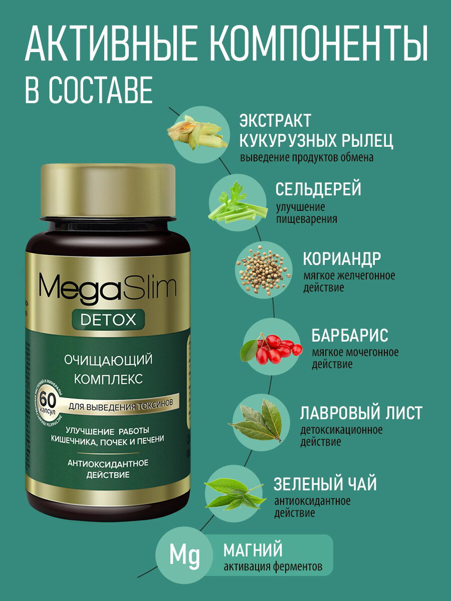 Бад Для Похудения Очищающий комплекс детокс MegaSlim DETOX ЛЕОВИТ капсулы для похудения для женщин и мужчин 60 шт БАД Мегаслим