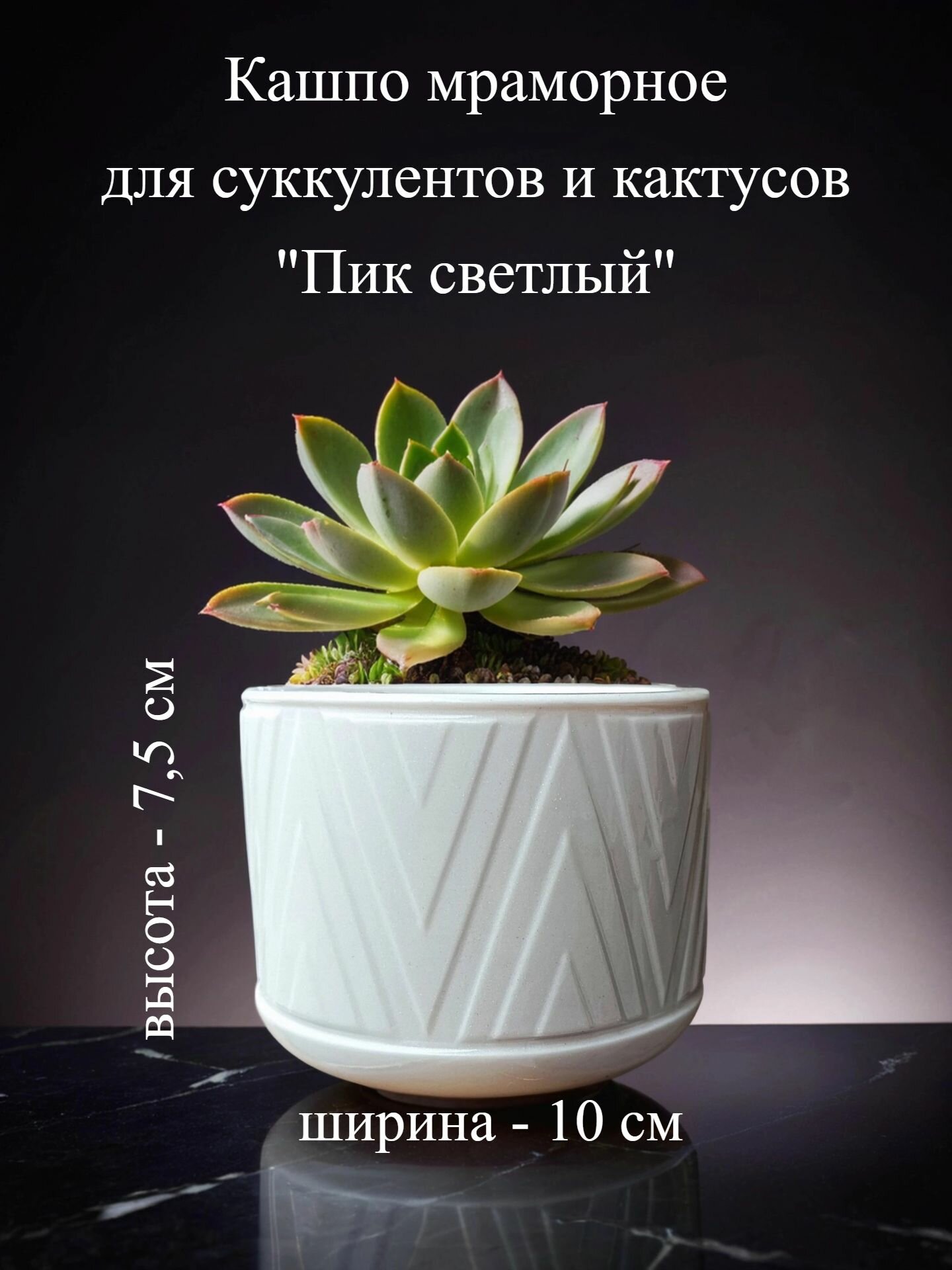 Кашпо мраморное для кактусов и суккулентов "Пик светлый", 0,275л , литьевой мрамор, перламутр, глянцевый лак