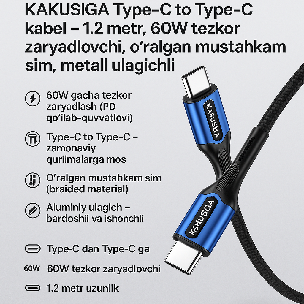 Кабель KAKUSIGA Type-C — 1,2 метра, быстрая зарядка 60 Вт, прочный плетеный провод, металлический разъем