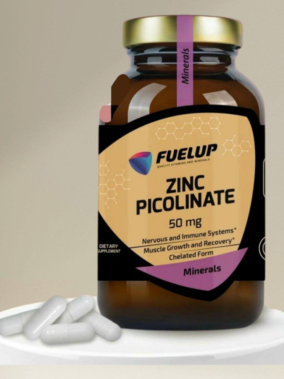 Добавка Цинк FuelUp, пиколинатный, без ГМО и глютена, 50мг, в стеклянной бутылке, 60шт