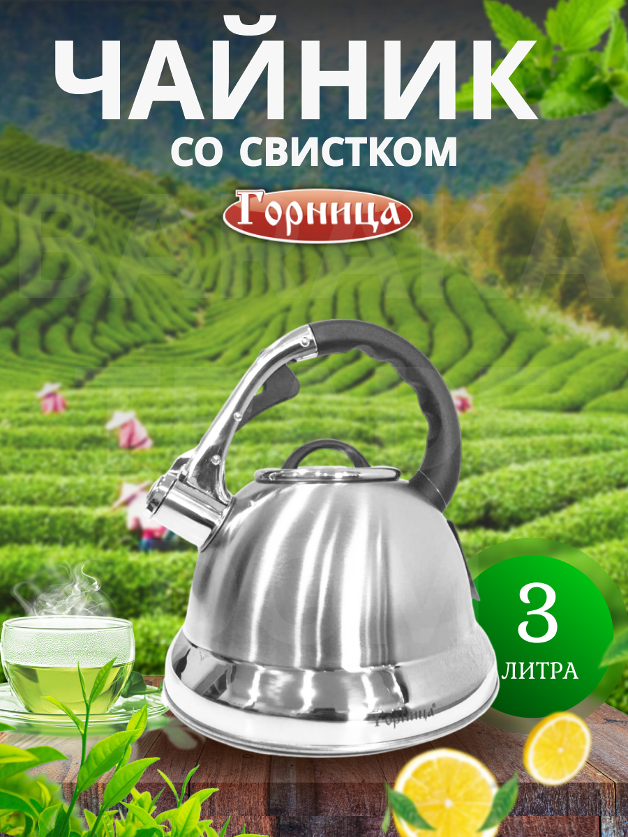 Чайник со свистком, из нержавеющей стали, объем 3.0 л, Горница, отличный подарок для близких - Серебряный