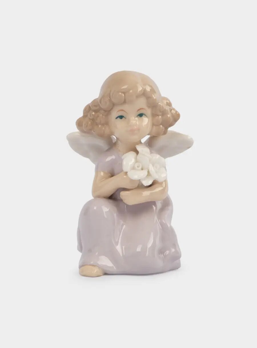 Статуэтка, 10 см, фарфор P, молочно-лиловая, Ангел с букетом, Lady