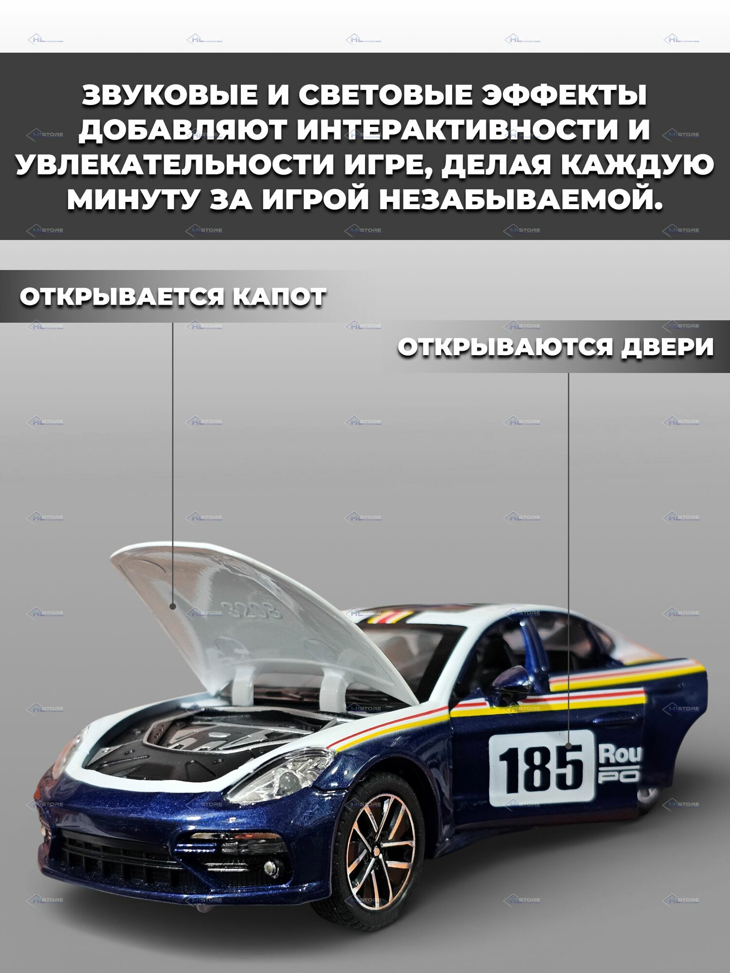 Модель машинки Porsche Panamera инерционная, 1:32 бело-синяя с рисунком — фото 1