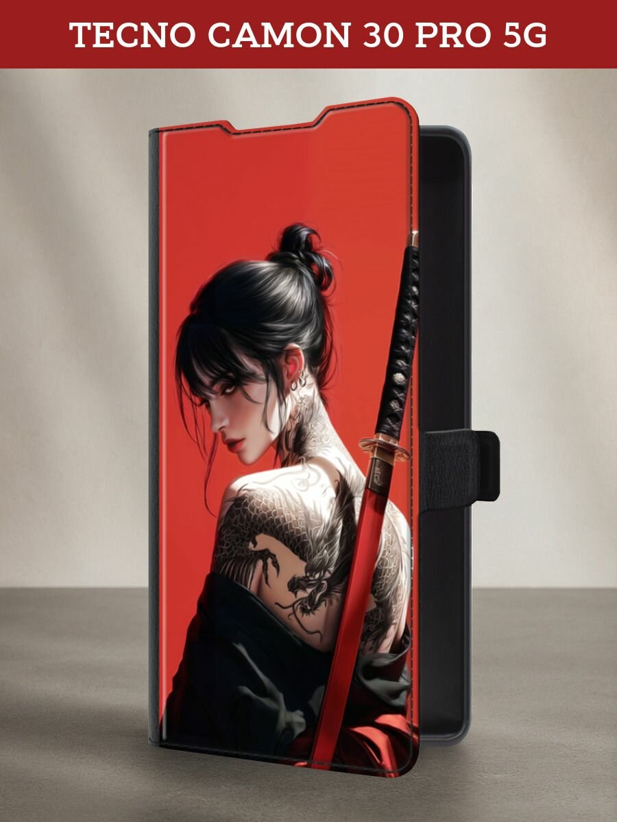 Чехол-книжка на Tecno Camon 30 Pro 5G / Текно Камон 30 Про 5G с принтом Девушка самурай с катаной, черный