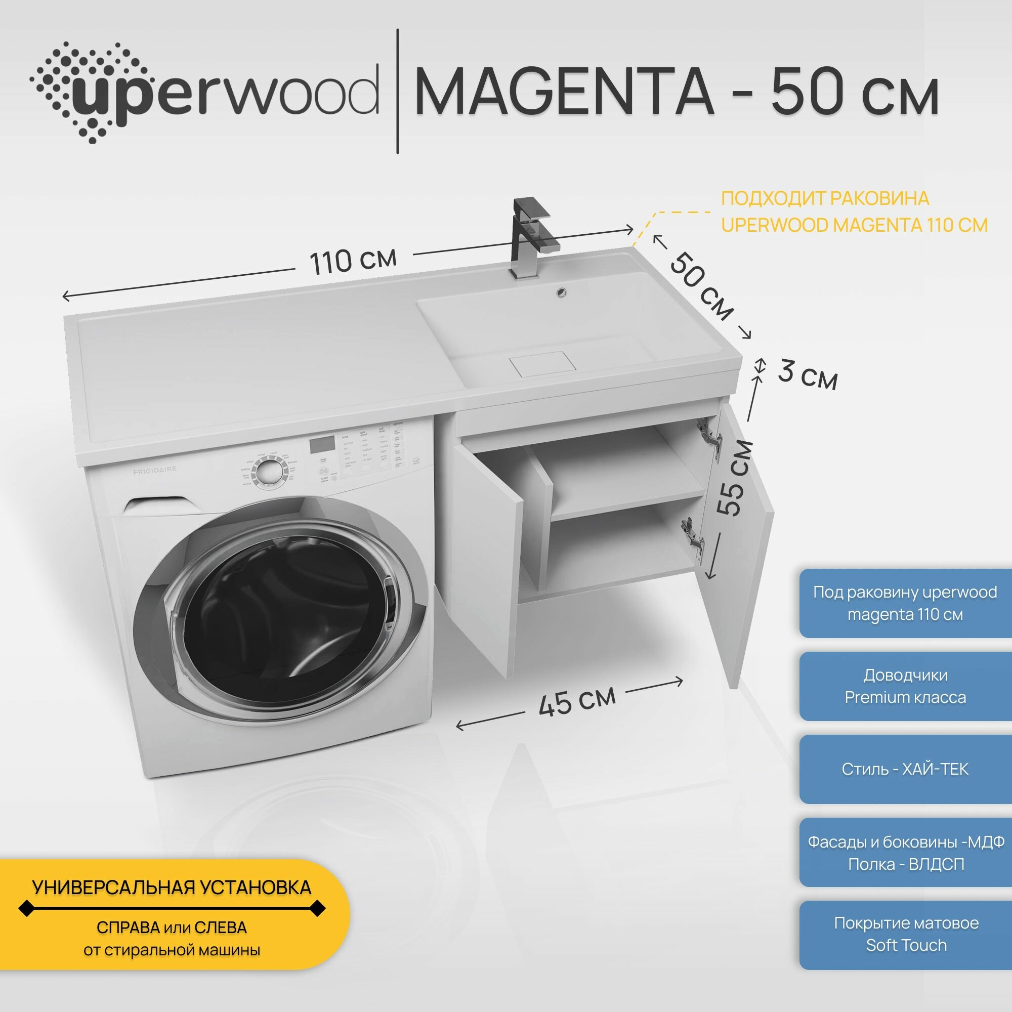 Тумба под стиральную машину подвесная Uperwood Magenta 45х50х55 см, белая, с дверцами — фото 1