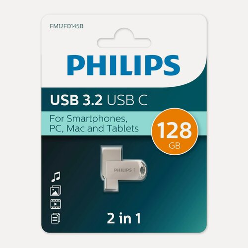 Изображение товара Флеш накопитель 128Gb PHILIPS 2-in-1 USB 3.2 USB C, OTG, USB 3.2/Type-C, Металл, 100 MB/s