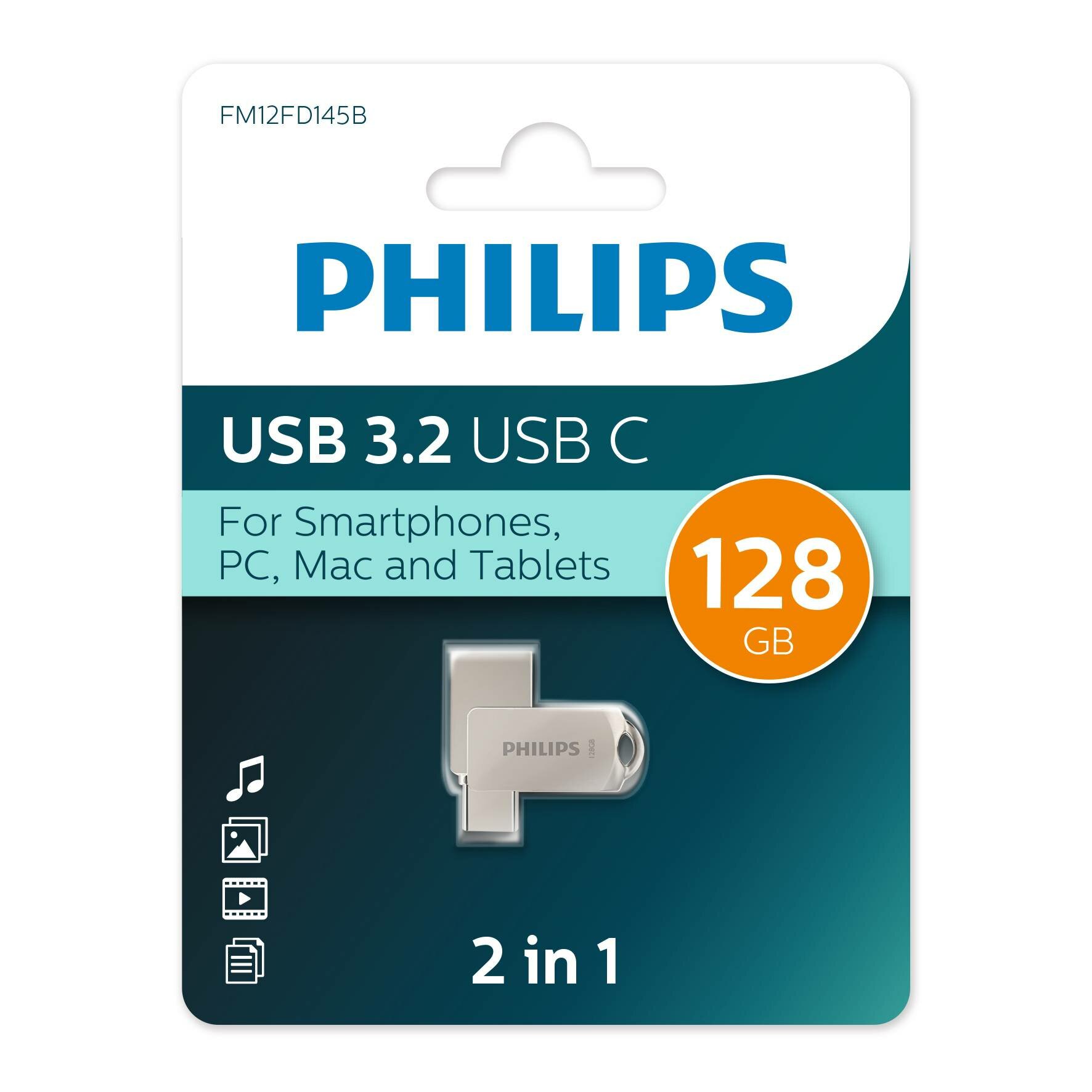 Флеш накопитель 128Gb PHILIPS 2-in-1 USB 3.2 USB C, OTG, USB 3.2/Type-C, Металл, 100 MB/s